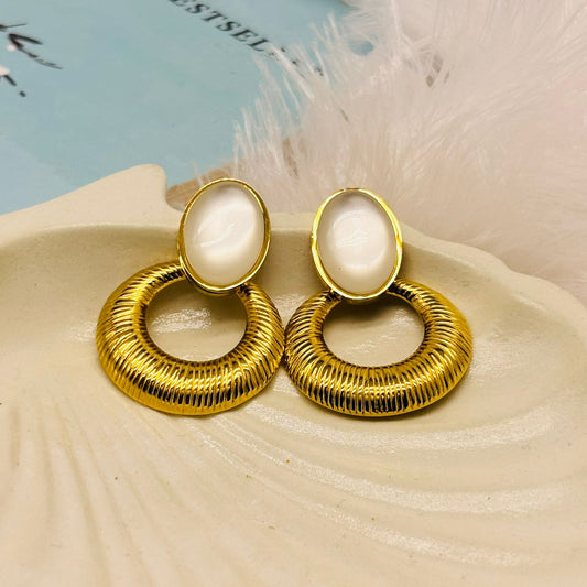 Modern Grooved Gold Hoop with Oval Luminous White Stone Stud Earrings – Anti Tarnish, Lightweight & Skin-Friendly