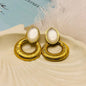 Modern Grooved Gold Hoop with Oval Luminous White Stone Stud Earrings – Anti Tarnish, Lightweight & Skin-Friendly