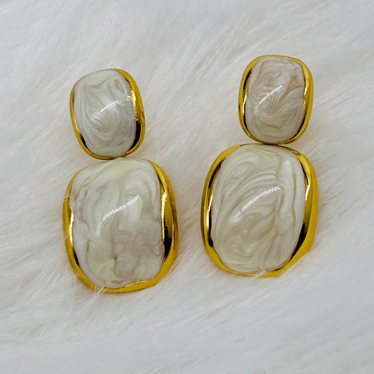 Elegant Marble Texture White Enamel Gold Plated Drop Earrings for Women – Anti Tarnish, Lightweight & Skin-Friendly
