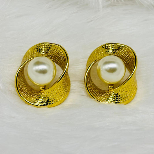 Gold Pearl Swirl Statement Stud Earrings for Women – Anti Tarnish, Lightweight & Skin-Friendly