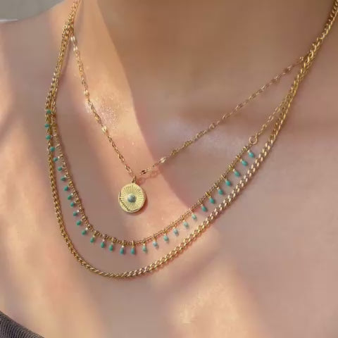 Layered Gold Necklace with Turquoise Beads & Sunburst Pendant for Women – Anti Tarnish, Lightweight & Skin-Friendly